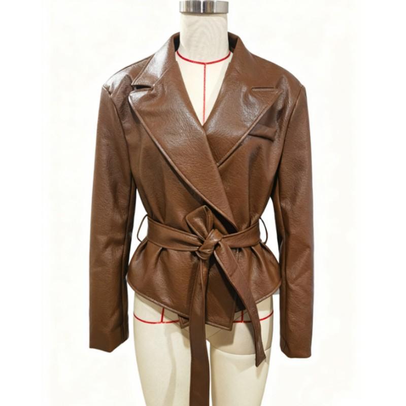 Damen Herbst/Winter Einfarbige Stilvolle Bikerjacke mit Riemen Coole und Kante PU-Lederjacke XS braun