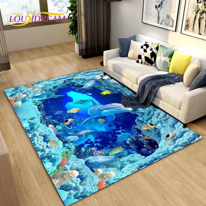 3D Carpet Seabed Illusion Underwater World Dolphin Shark Area Rug,Rug for Living Room Bedroom Sofa Doormat,Non-slip Floor Mat