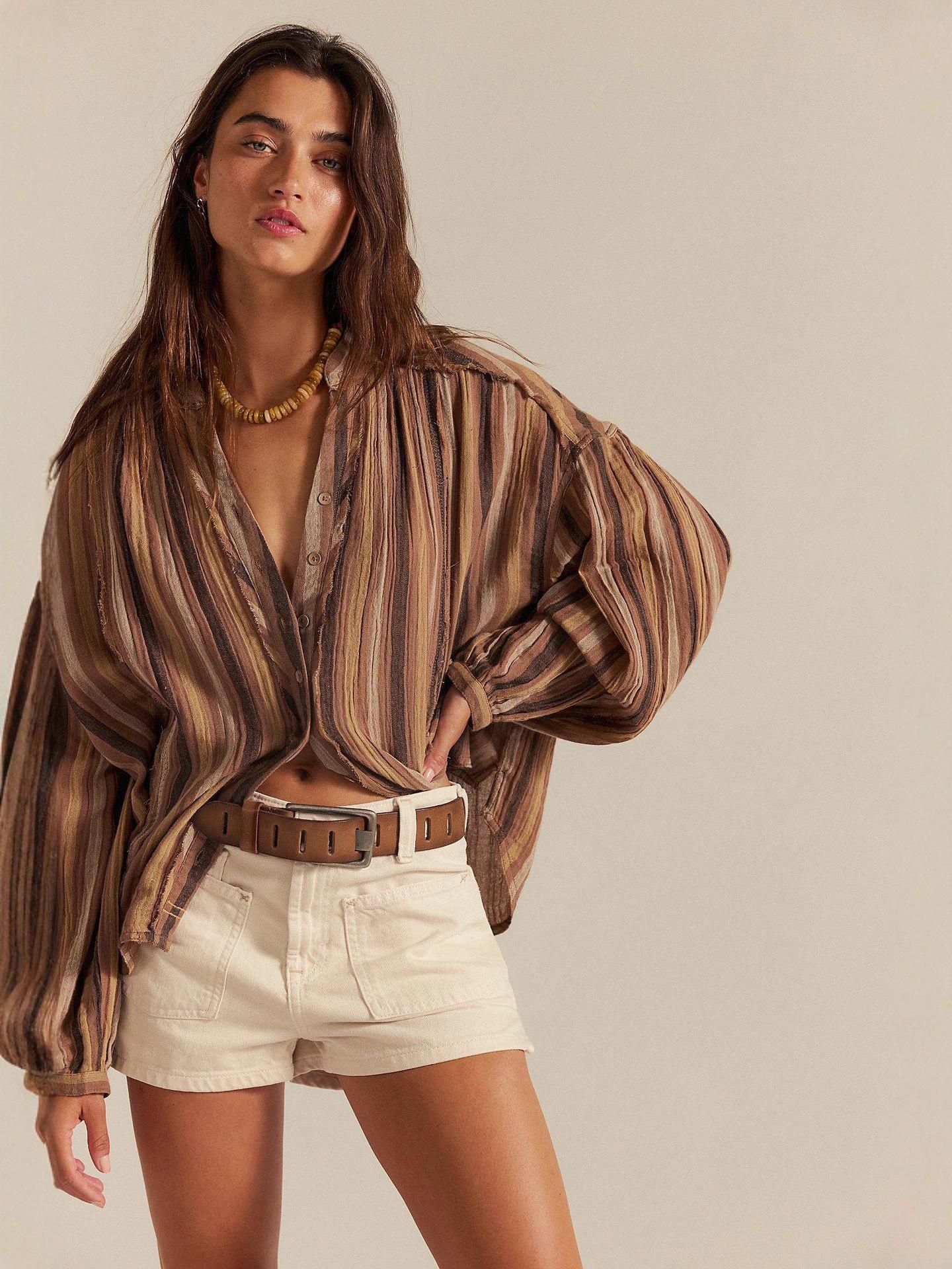 

Summer Literary Women s Loose Striped Long Sleeve Cardigan Shirt XL синій