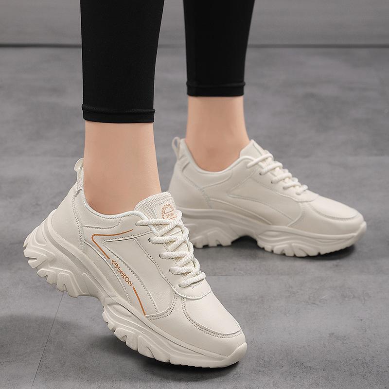 Leather women's shoes platform sneakers dad shoes wave shoes women's casual single shoes leather soft comfortable bottom lightweight shoes