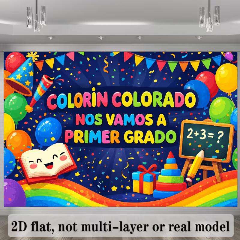 2D Colorful Balloon School Banner, Primer Grado First Grade Party Photo Booth Background