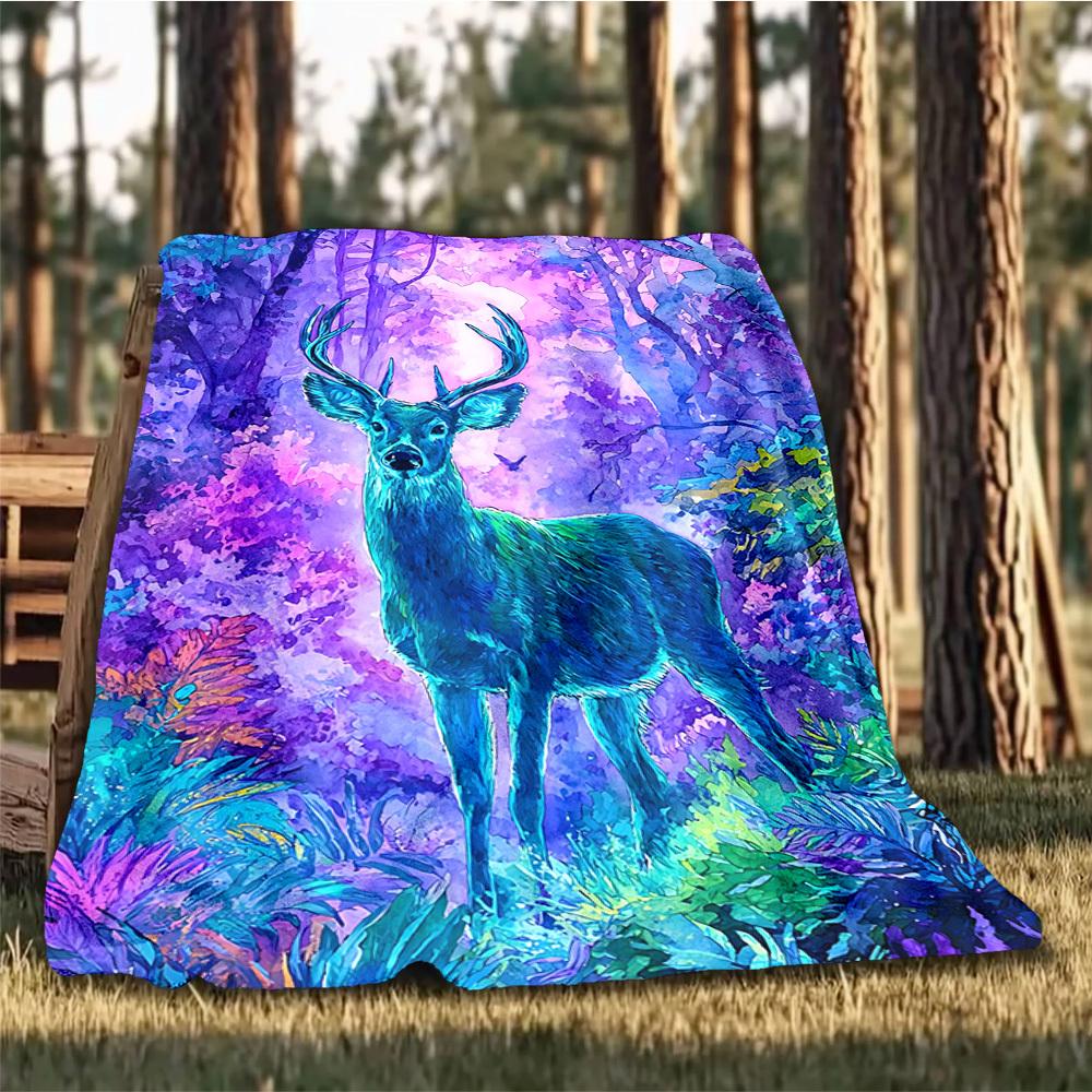 1pc Deer Fantasy Forest Throw Blanket Polyester Fiber, Lightweight Flannel, Soft & Warm, All Season Use for Outdoor, Camping Digital Print