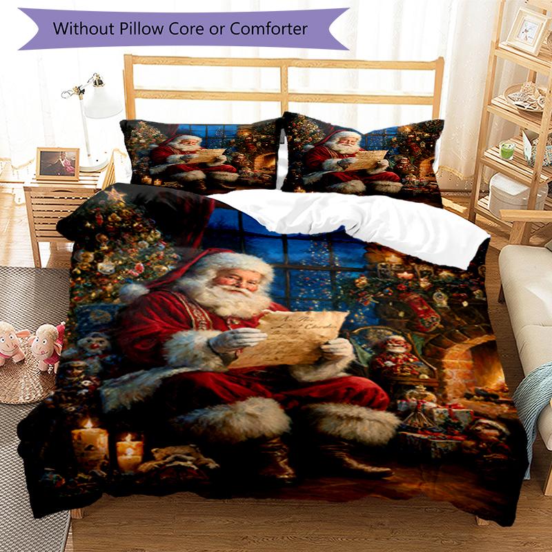 3pcs Christmas Santa Claus Bedding Set Duvet Cover Closure Includes 1 Duvet Cover & 2 Pillowcases, Soft and Comfortable for All Seasons.