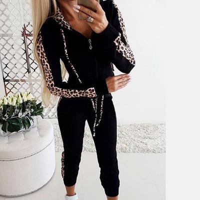 Autumn and Winter Women Suit Long Sleeve Pocket Plus Velvet Printed Zipper Hoodie Trousers Suit