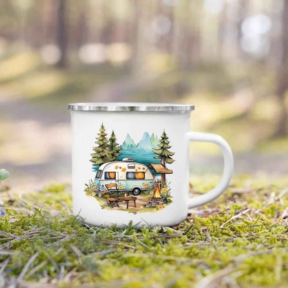 Adventure Day Caravan Printed Camper Mugs Camping Enamel Mug Campfire Party Beer Juice Cup Mountain Handle Cups Gifts for Camper