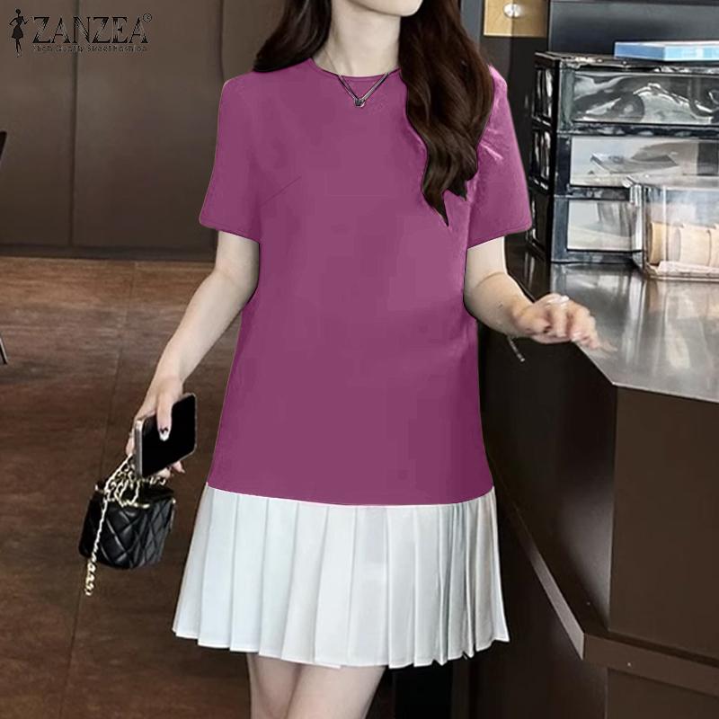 ZANZEA Women Casual Round Neck Short Sleeve Summer Patchwork Dress