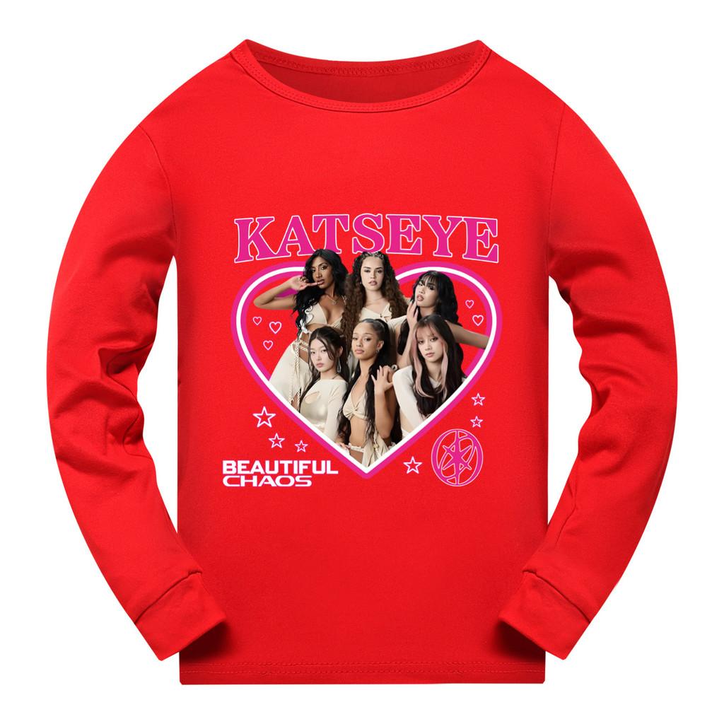 

5347 Дитяча футболка для дівчат KATSEYE з принтом, топ з довгими рукавами 170cm червоний