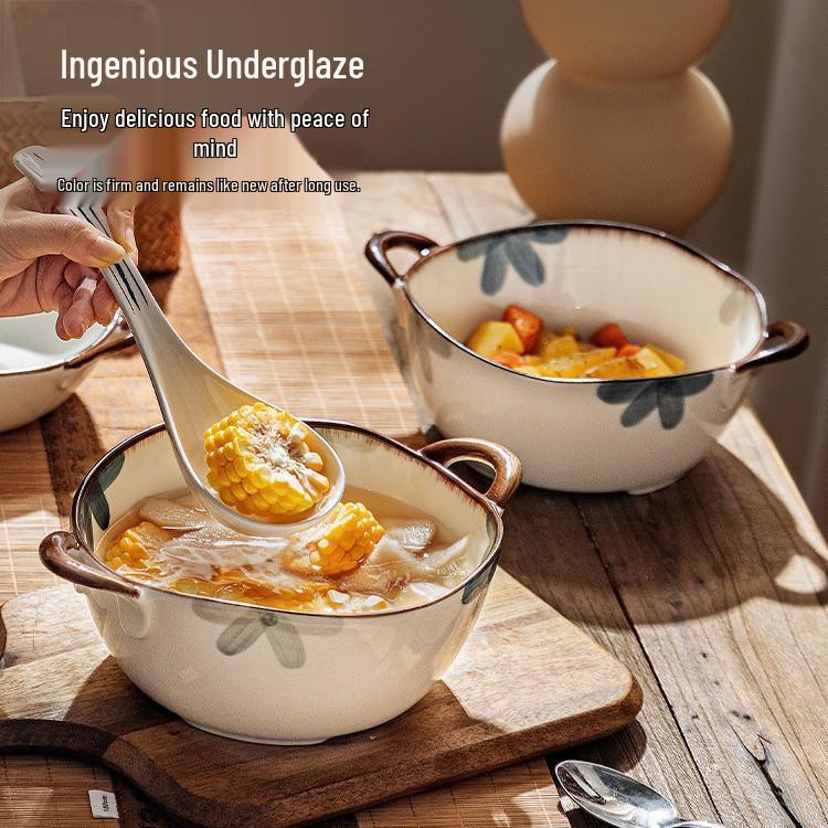 Large Dark Blue Double-Eared Ceramic Soup and Ramen Bowl