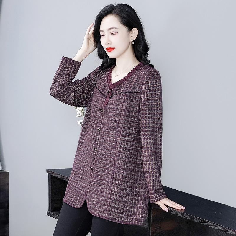 

Осенне-зимняя клетчатая шерстяная рубашка с длинным рукавом большого размера для женщин среднего возраста 4XL (160-200 jin)