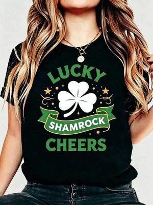 Women's Festive Graphic Tee Lucky Shamrock Cheers Clover Print St Patrick's Day Party Casual Top Gift for Friends and Family