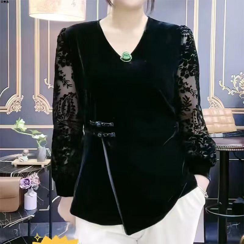 Women Plus-size Velvet Blouse Long-sleeve Lace Spliced Velvet Blouse Top Spring Autumn