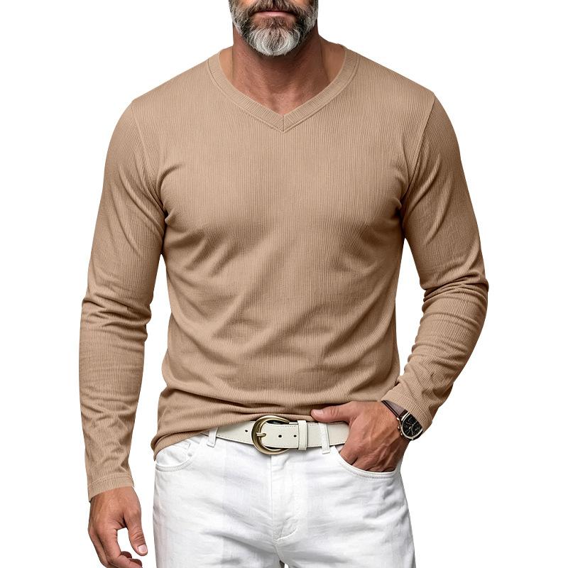 T-shirt da uomo a maniche lunghe con scollo a V a coste verticali, elasticizzata, vestibilità slim, maglia base, maglioni casual da indossare quotidianamente
