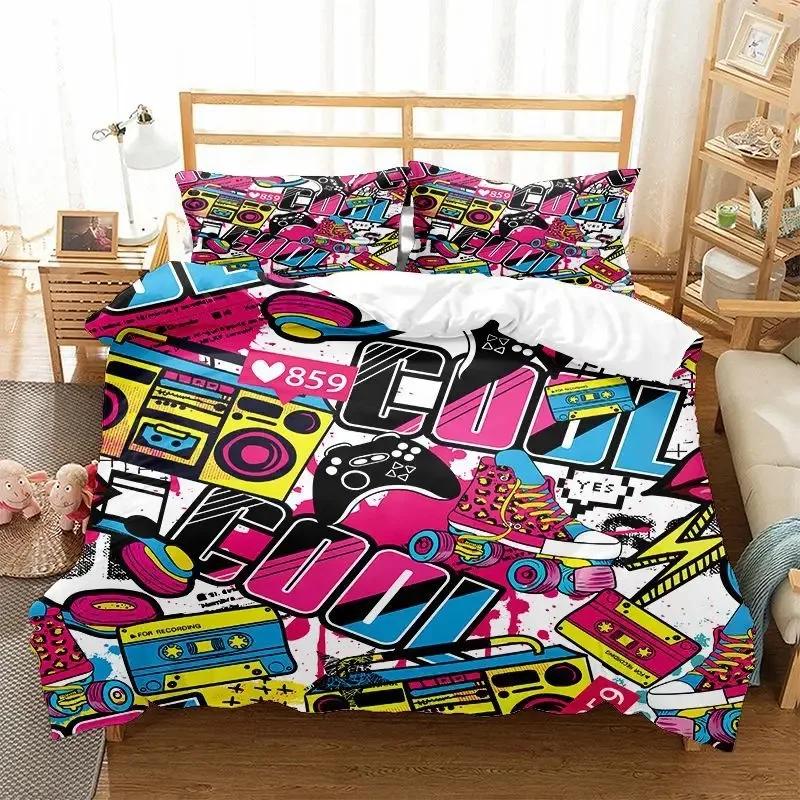 Graffiti Duvet Cover Set Cute Hip Hop Style Polyester Comforter Cover with Pillowcase Queen Full Size for Kid Teen Bedding Set