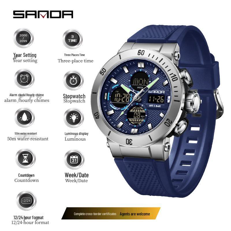 SANDA Men s Waterproof Sports Wristwatch: Fashionable Multifunctional Electronic Watch for Students with Alarm & Dual Display.