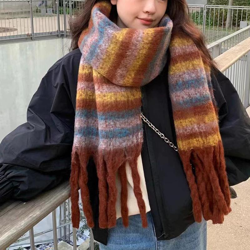 

WTEMPO Maillard Style Autumn Winter Warm Tassel Scarves Retro Striped Soft Windproof Cold-proof Long Scraves Outdoor Shopping Commuting Thick Scarves 1pc жёлтый