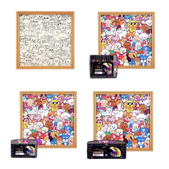 Wooden Dog Coloring Puzzle Kit DIY Paintable Puppy Jigsaw Puzzle Frame with Marker Pens Glue