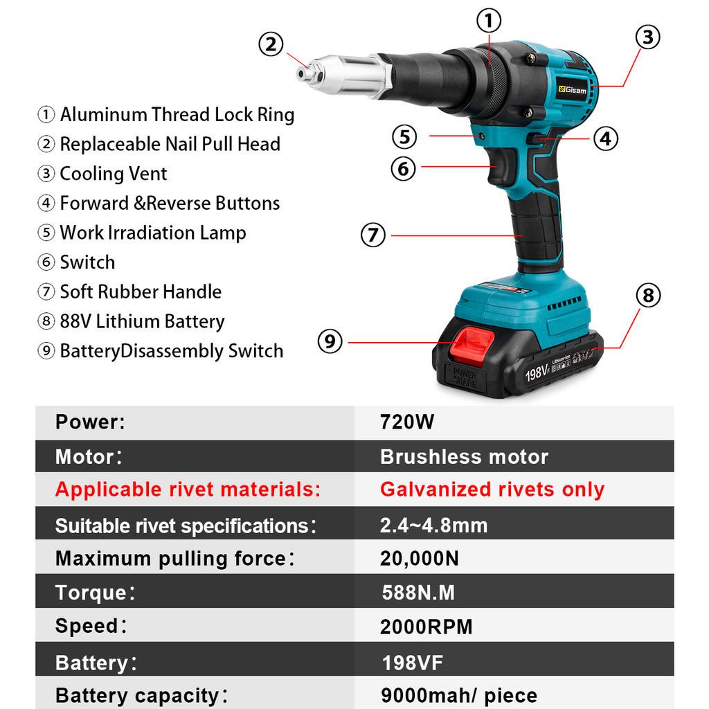 Portable Brushless Electric Rivet Gun 20000N Cordless Rivet Nut Gun Drill Insert Automatic Riveting Tool