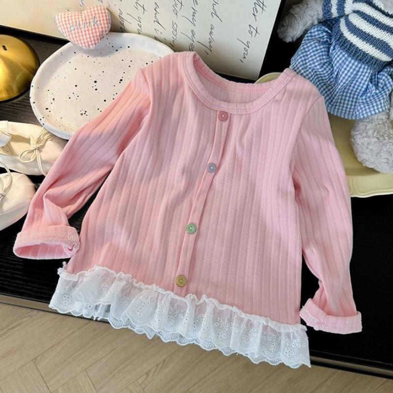 

Детская футболка для девочек, милая кружевная вставка, цветная пуговица, свободный пуловер, осенняя новинка, детская кофта с длинным рукавом 140 розовый