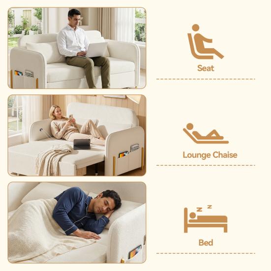 Convertible Sleeper Sofa 3-In-1 Bed, Boucle Loveseat with Put Out Bed And Drawer, Couch Love Seat Side Pockets, 2 Pillows, USB Ports Gold Metal Legs,
