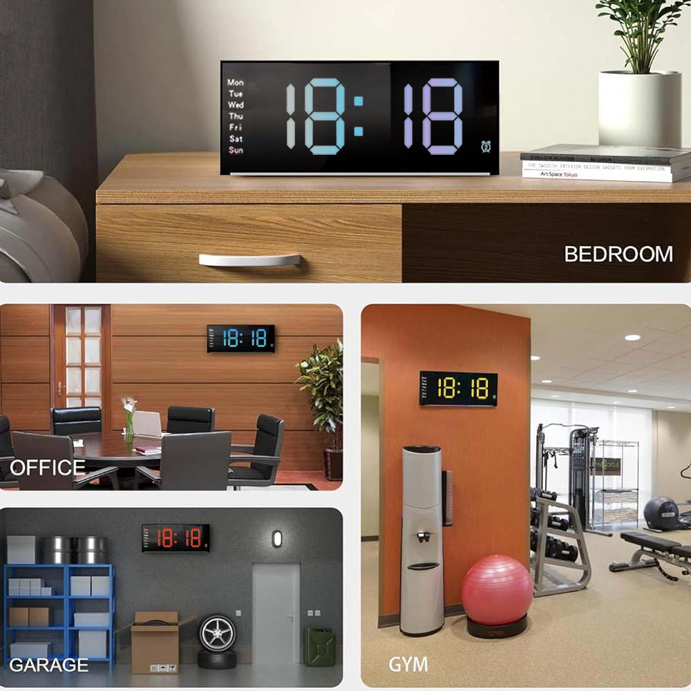 LED Wall Clock Digital Alarm Clock with Remote Control Night Light Mood Lighting for Living Room Classroom Office Home Decor