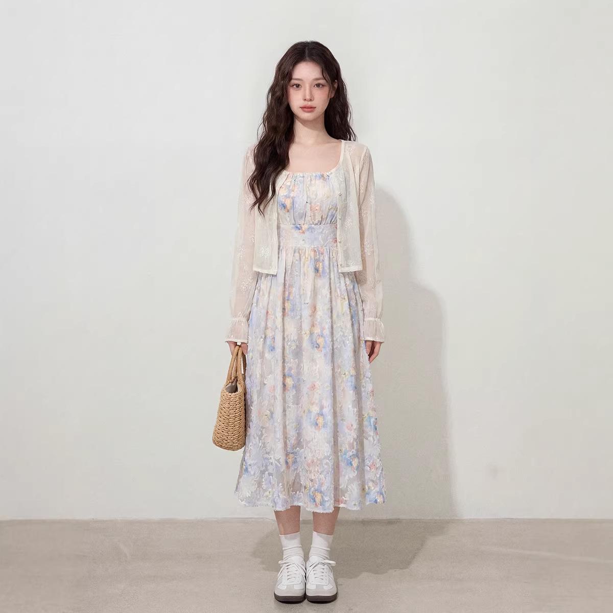 

French Resort Cardigan & Floral Slip Dress Set - Spring Two-Piece Long Dress Ensemble XL