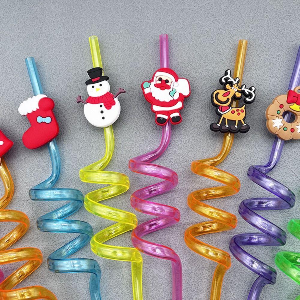 Spiral Christmas Plastic Straw Food Grade Christmas Party Decor Christmas Cartoon Straw  Children