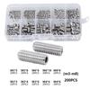 200Pcs Hex Socket Headless Machine Rice Combination Kit Flat End 304 Stainless Steel Screws M3/M4/M5/M6/M8 for Hardware Tools