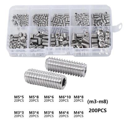 200Pcs Hex Socket Headless Machine Rice Combination Kit Flat End 304 Stainless Steel Screws M3/M4/M5/M6/M8 for Hardware Tools