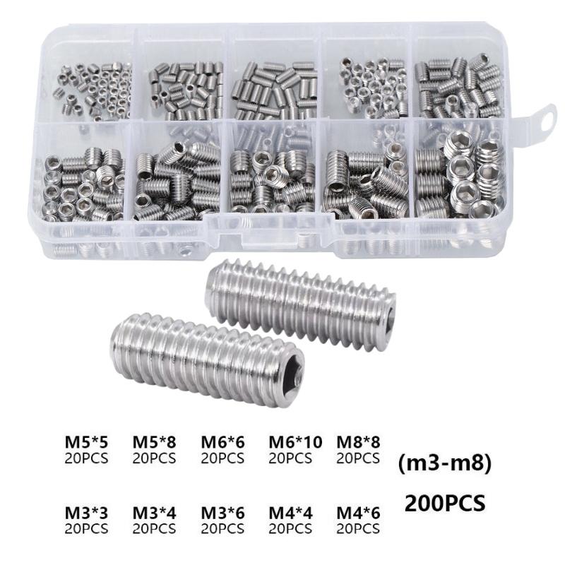 200Pcs Hex Socket Headless Machine Rice Combination Kit Flat End 304 Stainless Steel Screws M3/M4/M5/M6/M8 for Hardware Tools