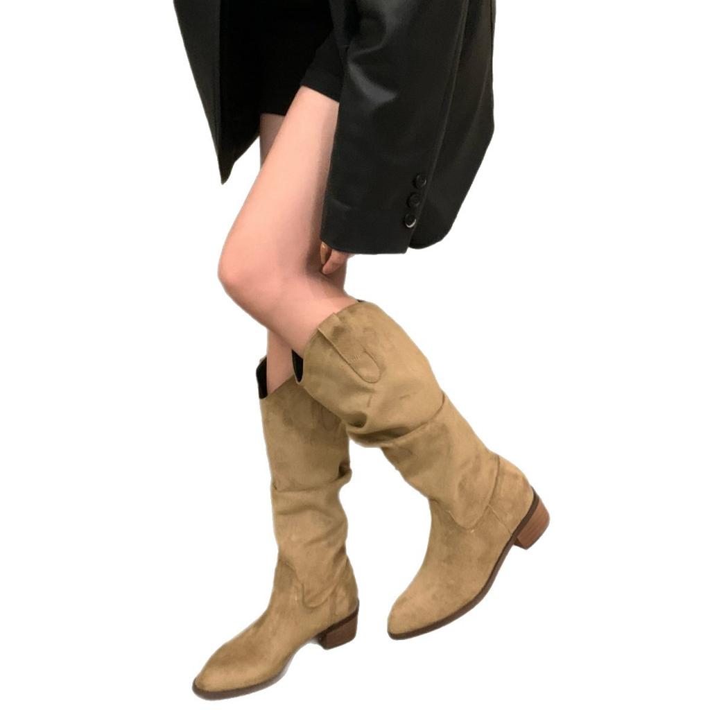 Brown V-mouth boots women's 2025 autumn and winter new thick heel suede tall knight boots popular western pile boots