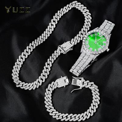Zlatý řetízek Cuban Watch Oblek pro muže Hip Hop Miami Curb Posetý kamínky Bling Rapper Náhrdelník Hodinky+Náramek