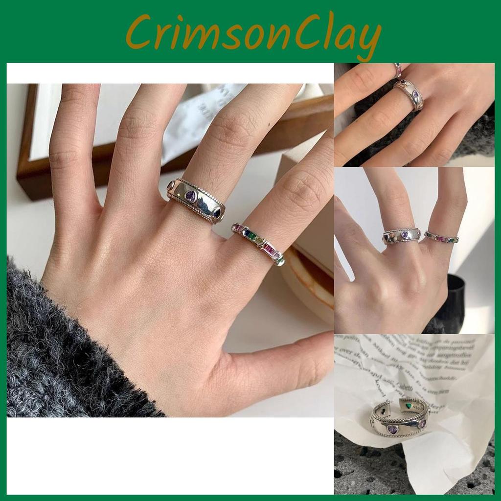 Summer Rainbow Zirconia Heart Shaped Adjustable Ring For Women Stylish Y2k Trend
