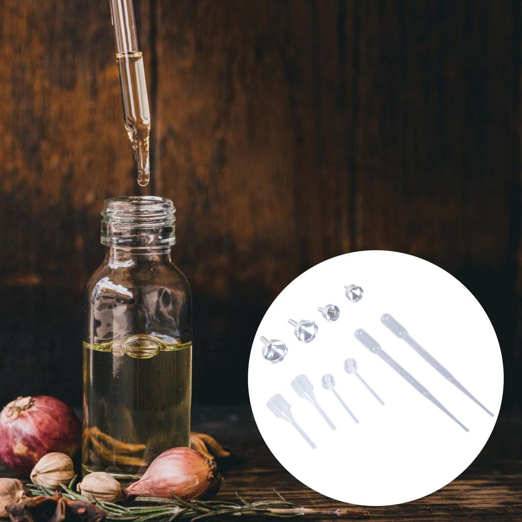 Packung mit 10 Mini-Metalltrichtern und Plastiktropfern für ätherische Öle, Parfüms, Kosmetikbastelarbeiten und Küchengebrauch