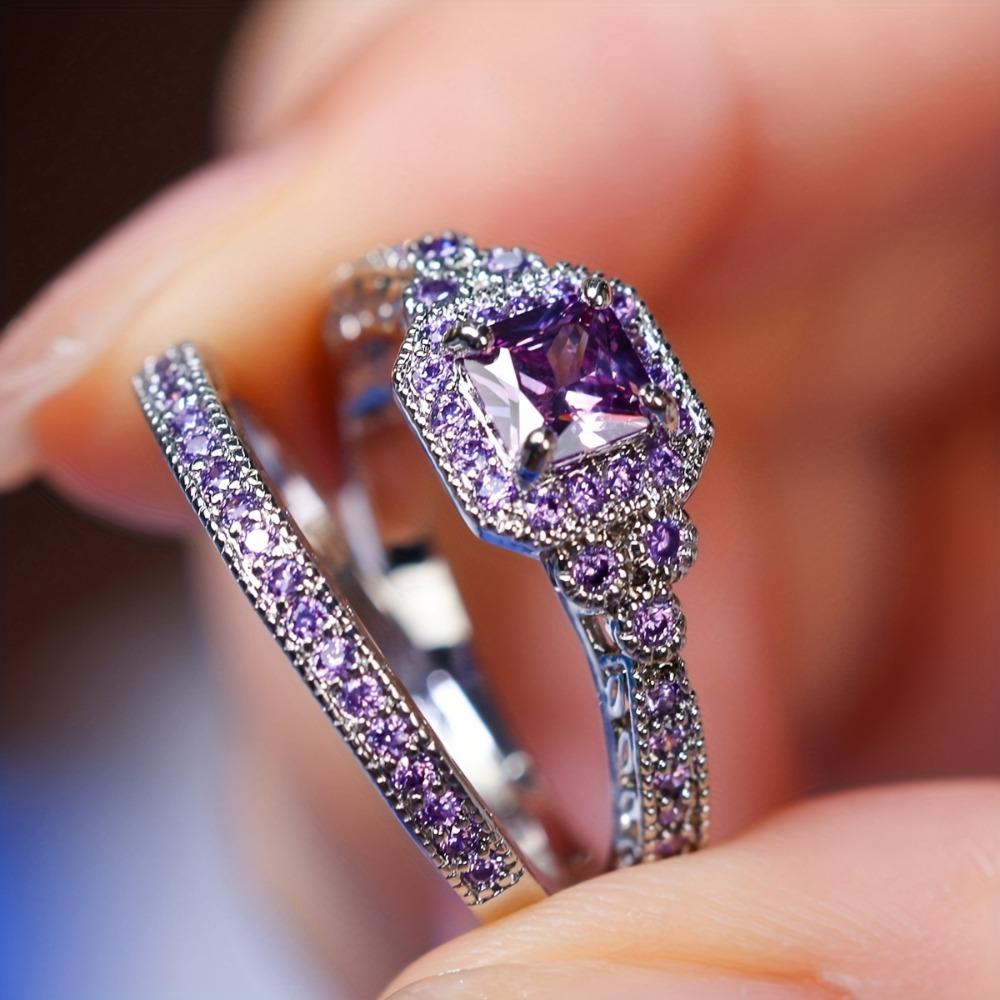 

2 шт. Элегантные кольца с покрытием из 18-каратного золота, инкрустированные сверкающими циркониями. Выберите цвет, который вам больше нравится. Помолвка, свадебный декор, вечерняя вечеринка, цирконий 8 фиолетовый