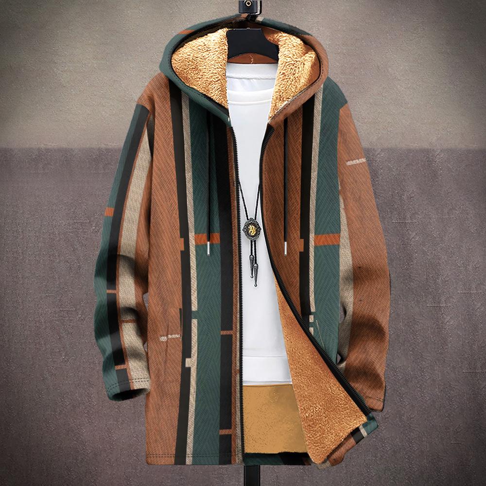 Nová bunda: vícebarevné vzorové prvky, kardigan s kapucí na zip, zateplené zimní oblečení s fleecovou podšívkou, žlutá podšívka, trendy bavlněné oblečení