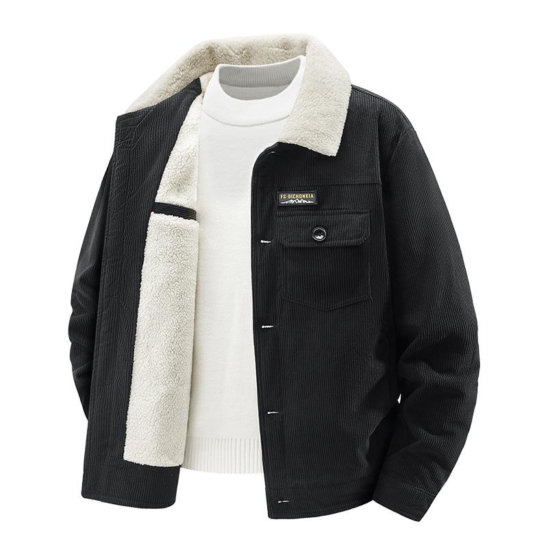 Corduroy jacket men's new thickened velvet medium loose large size solid color single-breasted cotton-padded jacket in autumn and winter