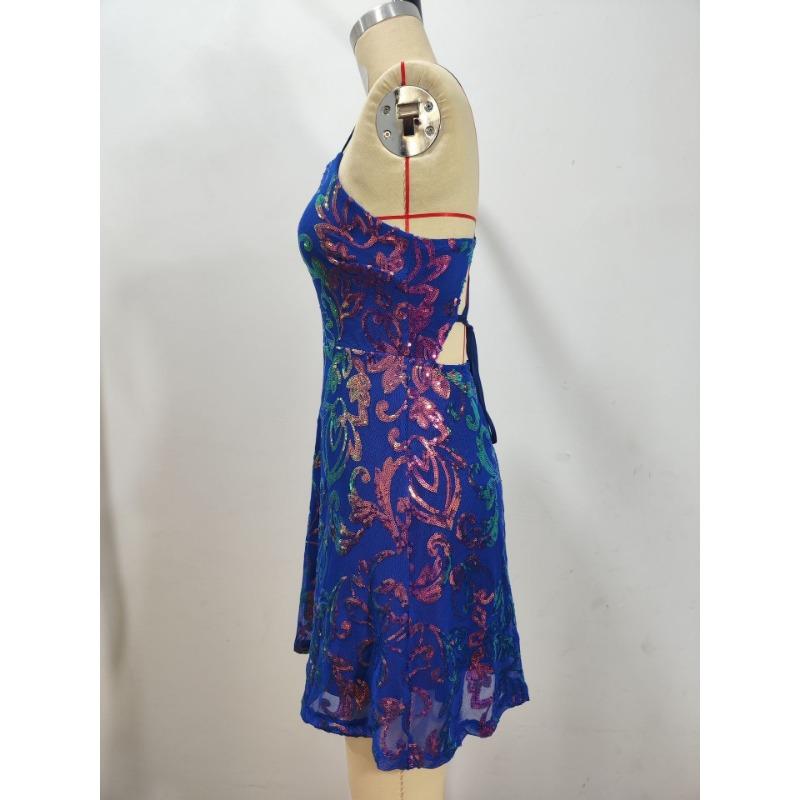 Women Sequined Loose V Neck Sleeveless Strap Cocktail Party Dress