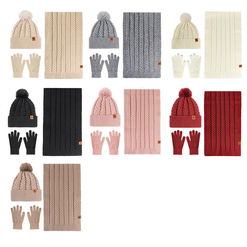 3Pcs Winter Warm Set Knit Hat Scarf Gloves Ear Protection Alpaca Wool Blend Women Cold Weather Riding Gear Multi Color