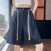 Women's Linen Blend Wide Leg Shorts Casual High Waist A-Line Shorts with Braided Drawstring