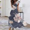 Summer Women Casual Long Dress V Neck Short Sleeve Waist Retraction Printed Flowy Dress