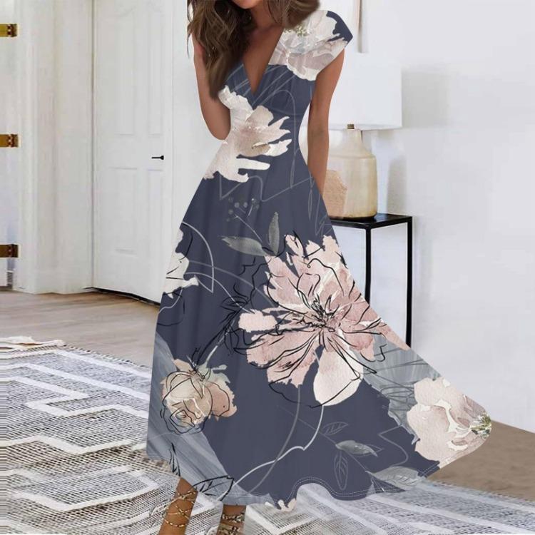 Summer Women Casual Long Dress V Neck Short Sleeve Waist Retraction Printed Flowy Dress