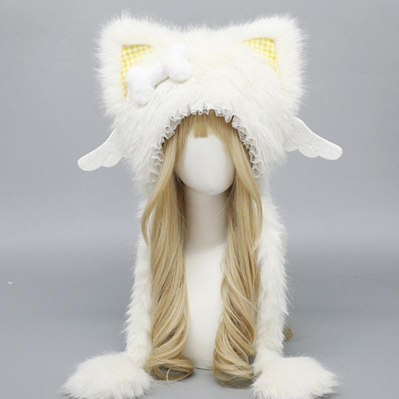 Furry Cartoon Head Cover with Ear for Outdoor Sports Furry Hat Kitten Oversized Headgear Hat for Winter