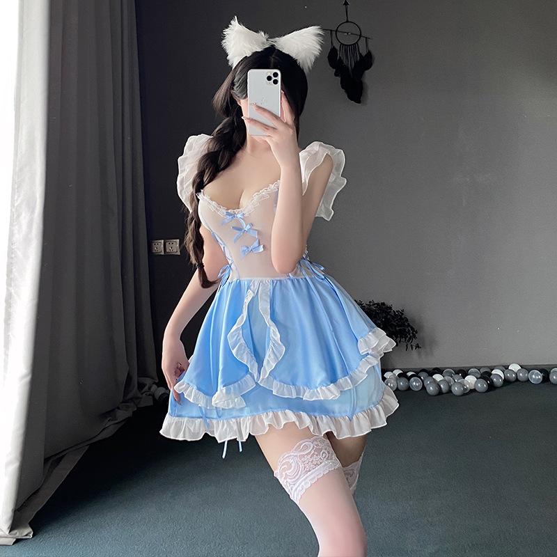 Lenjerie sexy transparentă sexy drăguță servitoare sânii mici perspectiva fierbinte flirt pat uniformă seducție