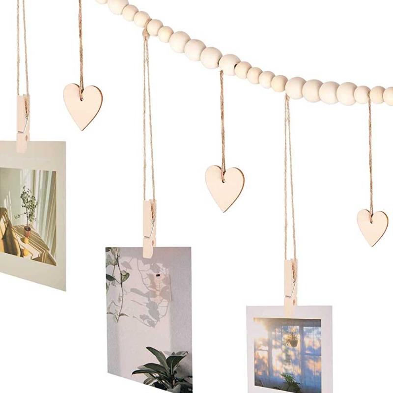 Wooden Beads Photo Clips Holder Picture Display Hanging Rope Photo Organizer Clips String for Home Wall Decor