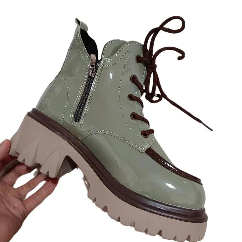 Shoes for Women 2024 Autumn Winter New Chunky Heel Platform Lace-up Women's Boots Fashionable Round Toe Zipper Motorcycle Boots