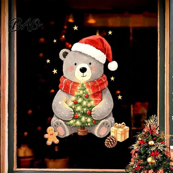 Festive Winter Window Decorations Christmas Bear Static Clings, Cute Holiday Glass Decals, Waterproof PVC Decorative Stickers for Home Store Doors And