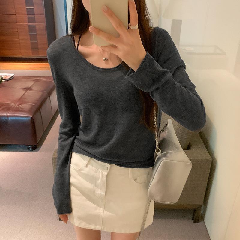 

Корейский шикарный ленивый и расслабленный свитер с низом для женщин, простой, модный и облегающий, однотонный топ с длинными рукавами L