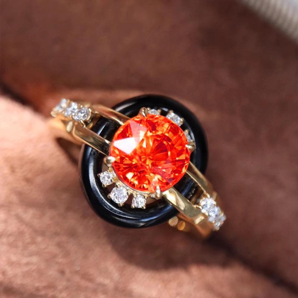 

Vintage Open Ring Fancy Garnet Stone French Retro Gold Plated Black Onyx Antique Jewelry adjustable