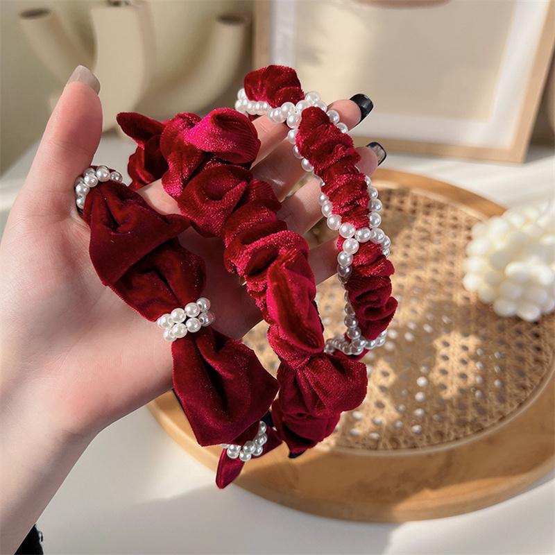 Vintage French Red Velvet Pearl Bow Headband Hair Band For Womans Girl Sweet Temperament Hair Hoop New Year's Headband Headdress