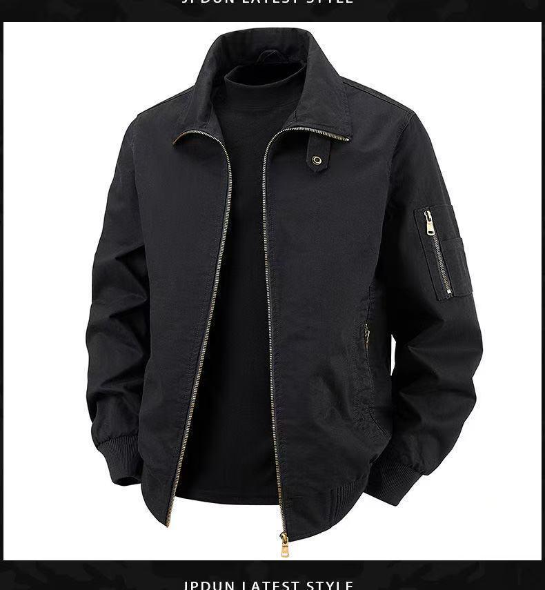 Men's Retro Pilot Lapel Cotton Jacket - Solid Color, Plus Size, Spring/Autumn Workwear Style